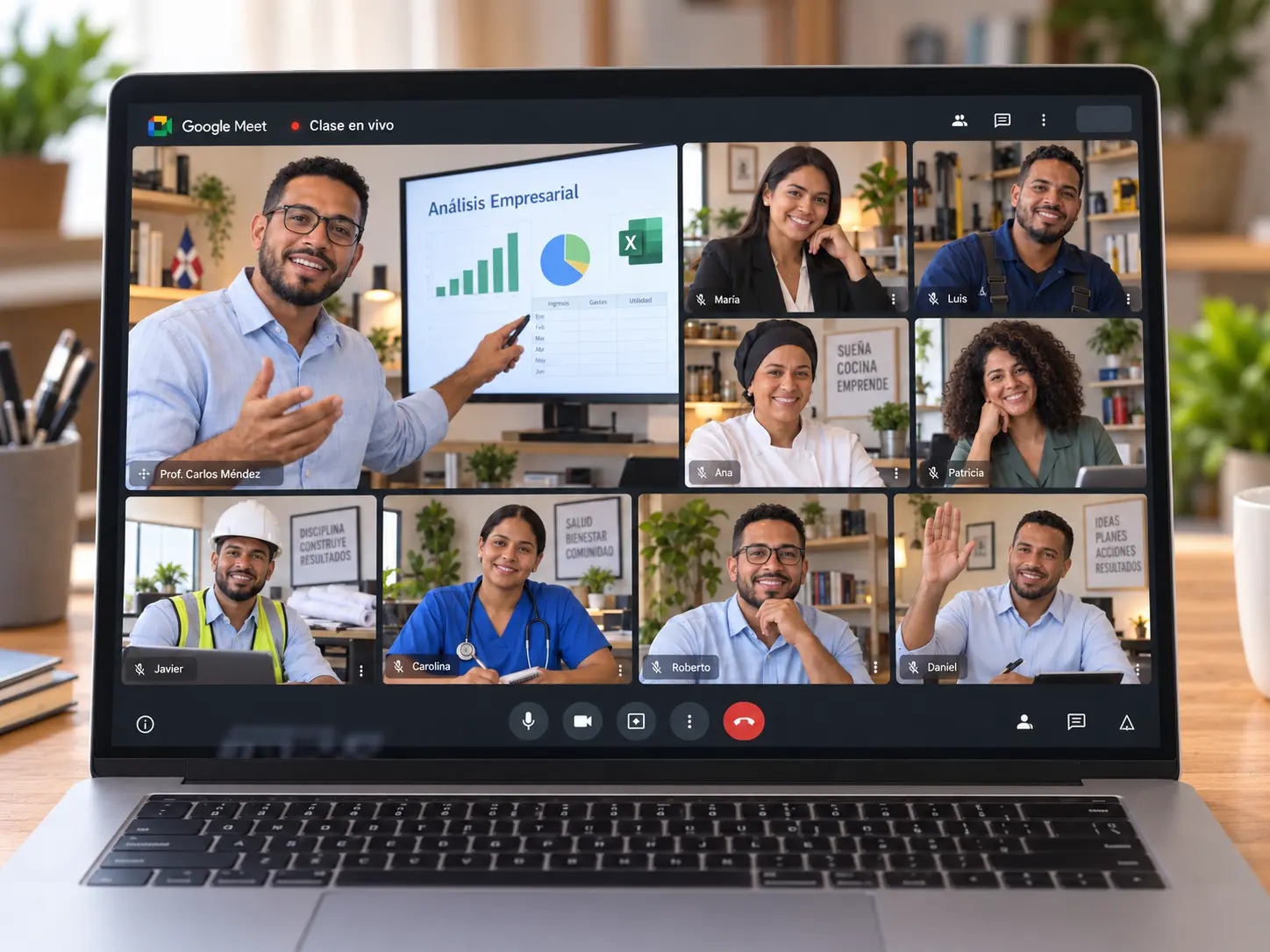 Profesor y participantes conectados en una clase en vivo